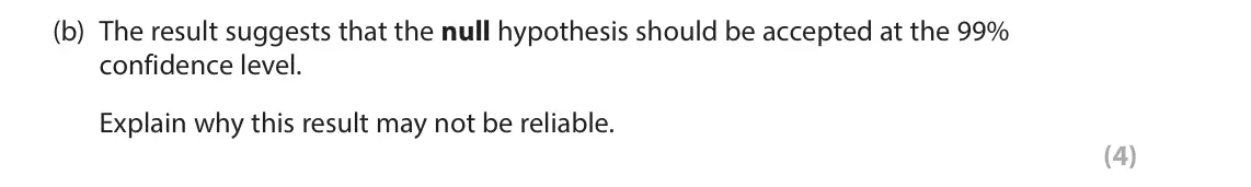 June 2024 Paper 3, question 2(b): The result suggests that the null hypothesis should be accepted at the 99% confidence level. Explain why this result may not be reliable. (4)