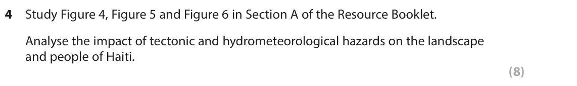 June 2024 Paper 3, question 4: Study Figure 4, Figure 5 and Figure 6 in Section A of the Resource Booklet. Analyse the impact of tectonic and hydrometeorological hazards on the landscape and 