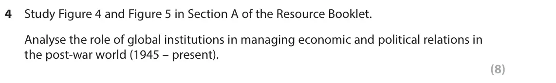 June 2025 Paper 3, question 4: Study Figure 4 and Figure 5 in Section A of the Resource Booklet. Analyse the role of global institutions in managing economic and political relations in the po