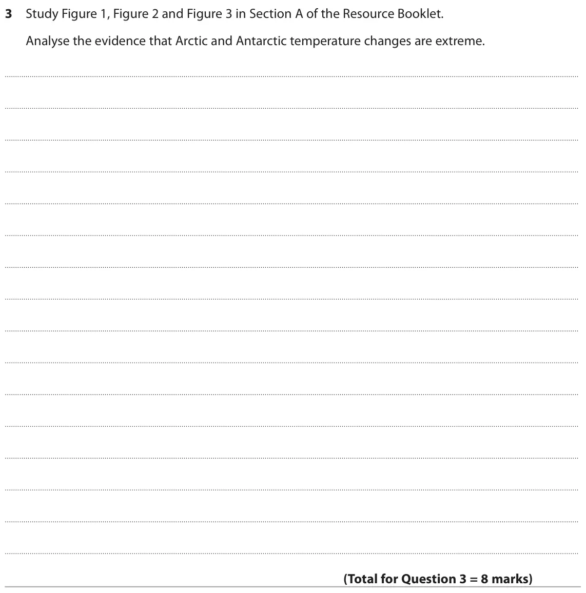 November 2021 Paper 3, question 3: Study Figure 1, Figure 2 and Figure 3 in Section A of the Resource Booklet. Analyse the evidence that Arctic and Antarctic temperature changes are extreme. SECT