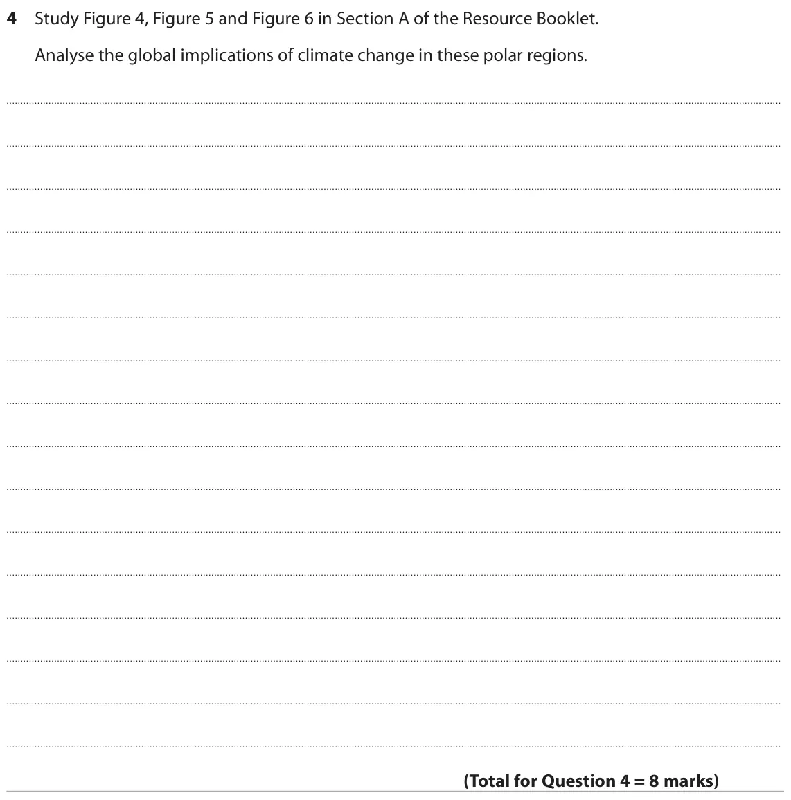 November 2021 Paper 3, question 4: Study Figure 4, Figure 5 and Figure 6 in Section A of the Resource Booklet. Analyse the global implications of climate change in these polar regions. Sea-ice is