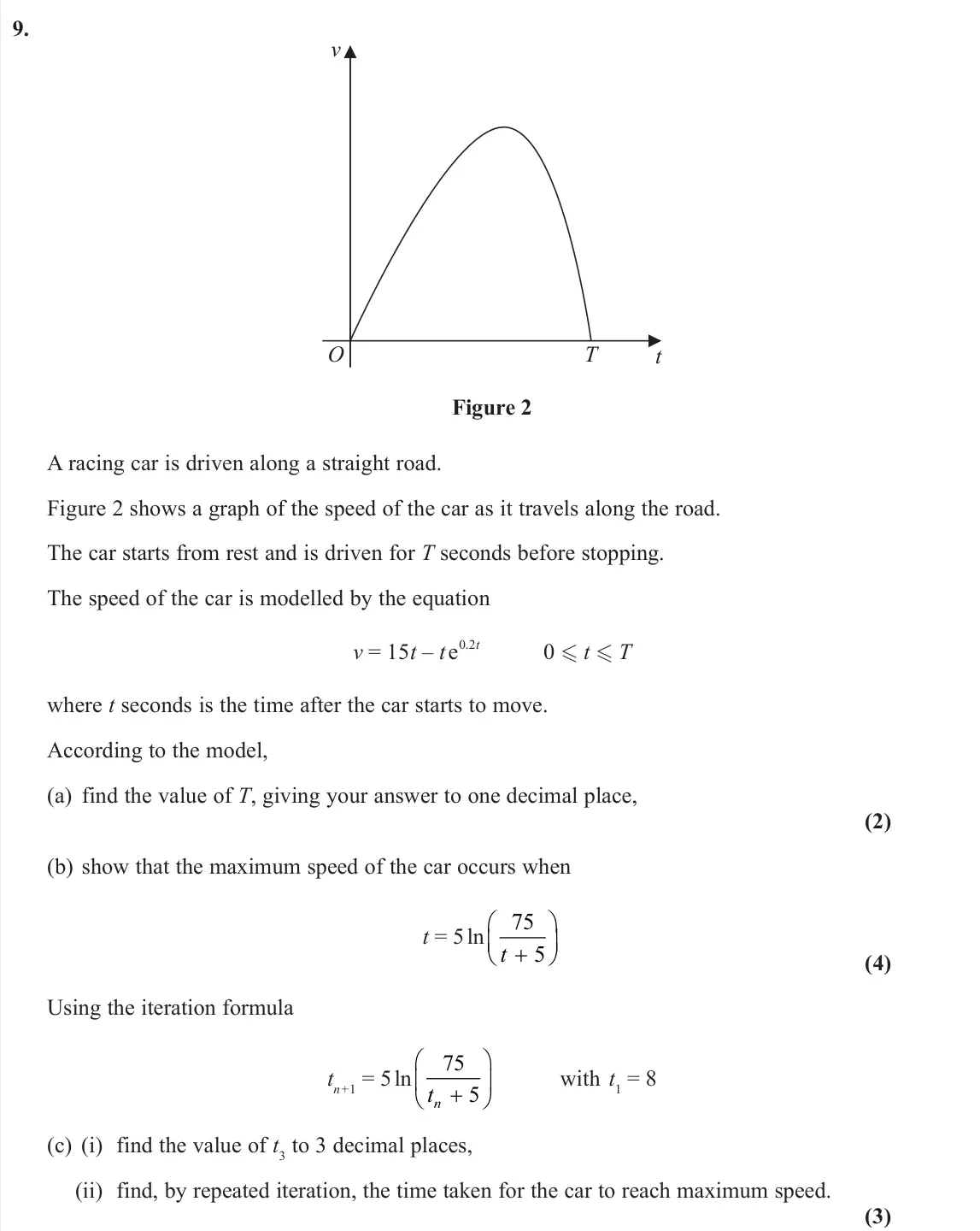 June 2025 Pure 1, question 9: O T t v Figure 2 A racing car is driven along a straight road. Figure 2 shows a graph of the speed of the car as it travels along the road. The car starts from 