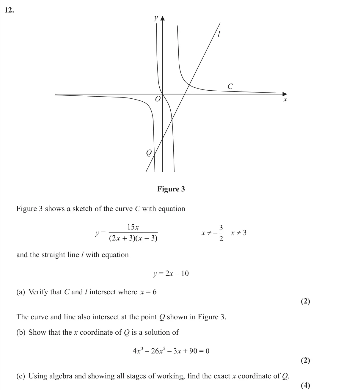 June 2025 Pure 1, question 12: O Q C l x y Figure 3 Figure 3 shows a sketch of the curve C with equation y = 15 2 3 3 x x x ( )( ) x ≠ – 3 2 x ≠ 3 and the straight line l with equation y = 2x