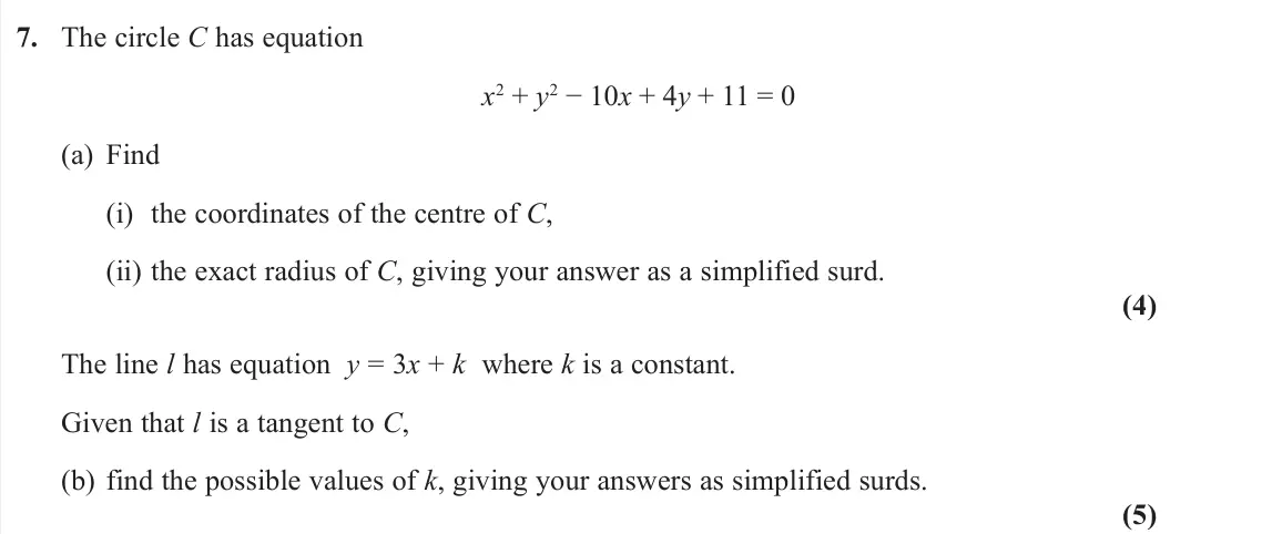 November 2021 Pure 1, question 7: The circle C has equation x2 + y2 − 10x + 4y + 11 = 0 (a) Find (i) the coordinates of the centre of C, (ii) the exact radius of C, giving your answer as a simpl