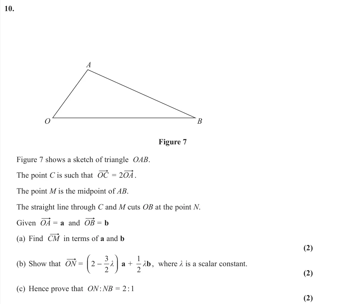 June 2019 Pure 2, question 10: A B O Figure 7 Figure 7 shows a sketch of triangle OAB. The point C is such that OC | = 2OA |. The point M is the midpoint of AB. The straight line through C an