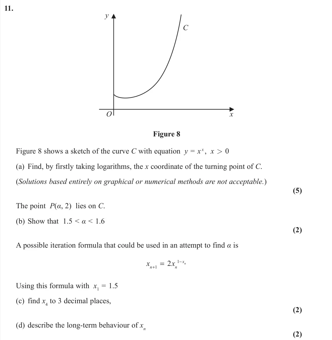 June 2019 Pure 2, question 11: y x C O Figure 8 Figure 8 shows a sketch of the curve C with equation y = x x , x 0 (a) Find, by firstly taking logarithms, the x coordinate of the turning poin