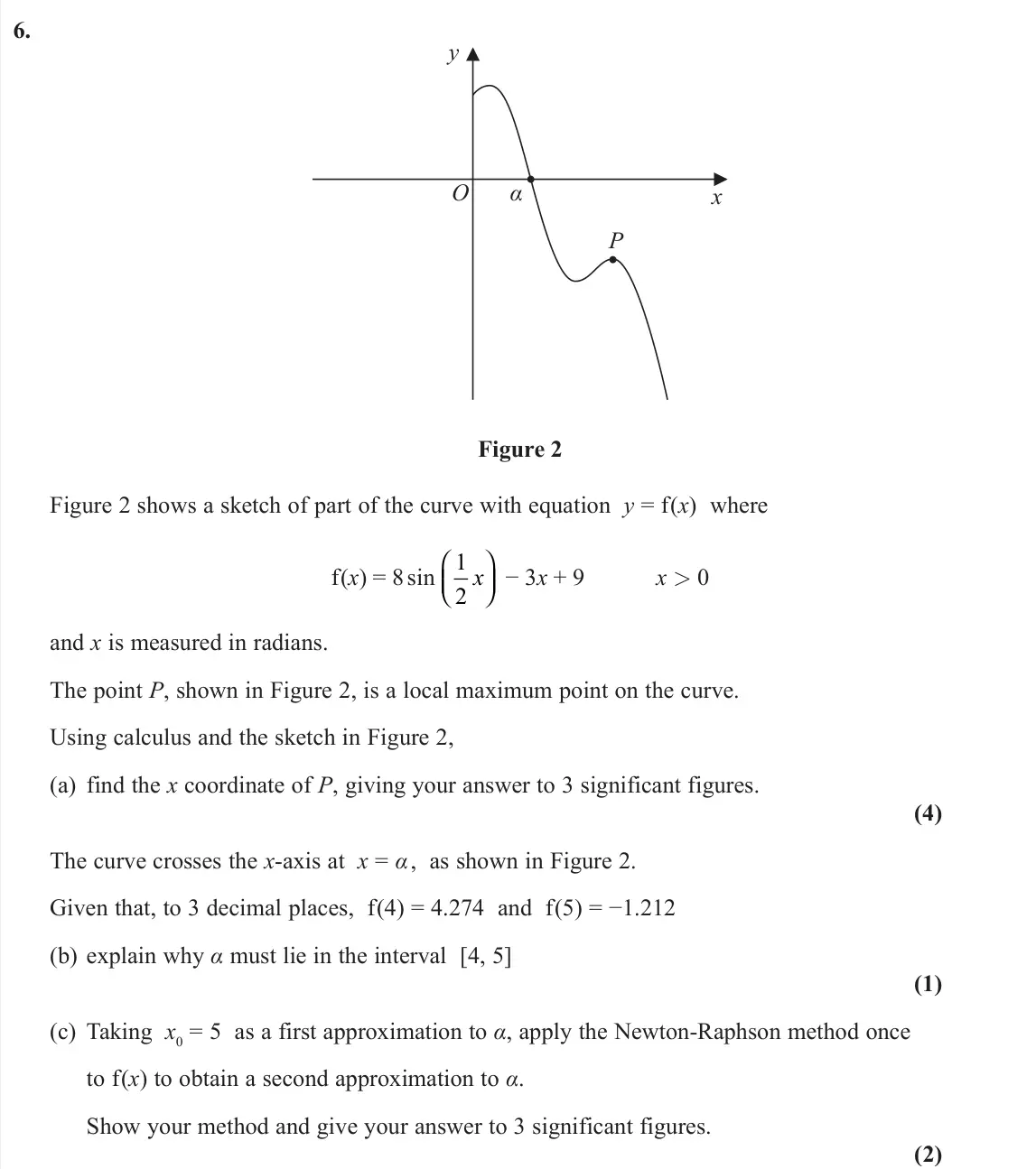 June 2022 Pure 2, question 6: y x O α P Figure 2 Figure 2 shows a sketch of part of the curve with equation y = f(x) where f(x) = 8 sin 1 2 x     − 3x + 9 x > 0 and x is measured in ra