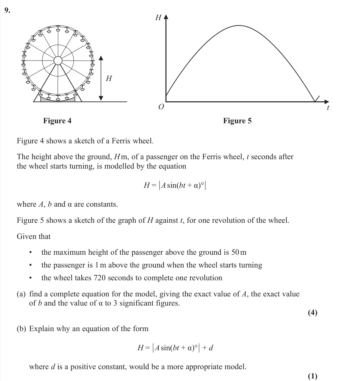 June 2022 Pure 2, question 9: H O t H Figure 4 Figure 5 Figure 4 shows a sketch of a Ferris wheel. The height above the ground, H m, of a passenger on the Ferris wheel, t seconds after the w