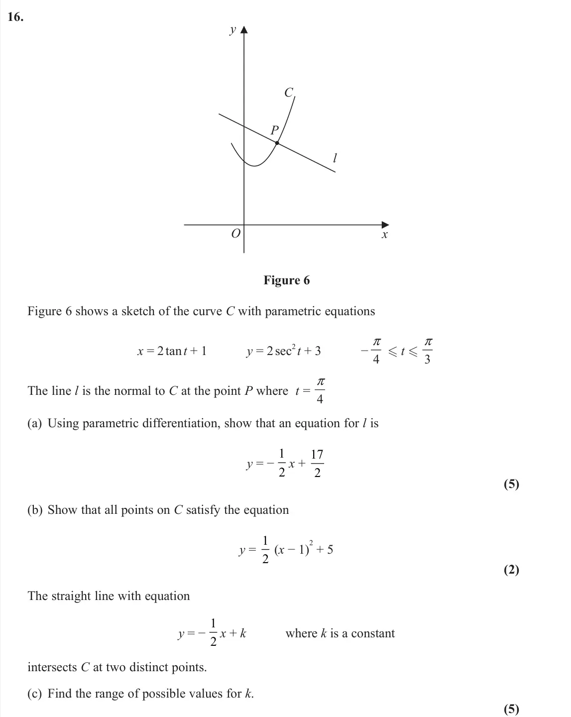 June 2022 Pure 2, question 16: y l P C O x Figure 6 Figure 6 shows a sketch of the curve C with parametric equations x = 2 tan t + 1 y = 2 sec 2 t + 3 − 4 π  t  3 π The line l is the normal
