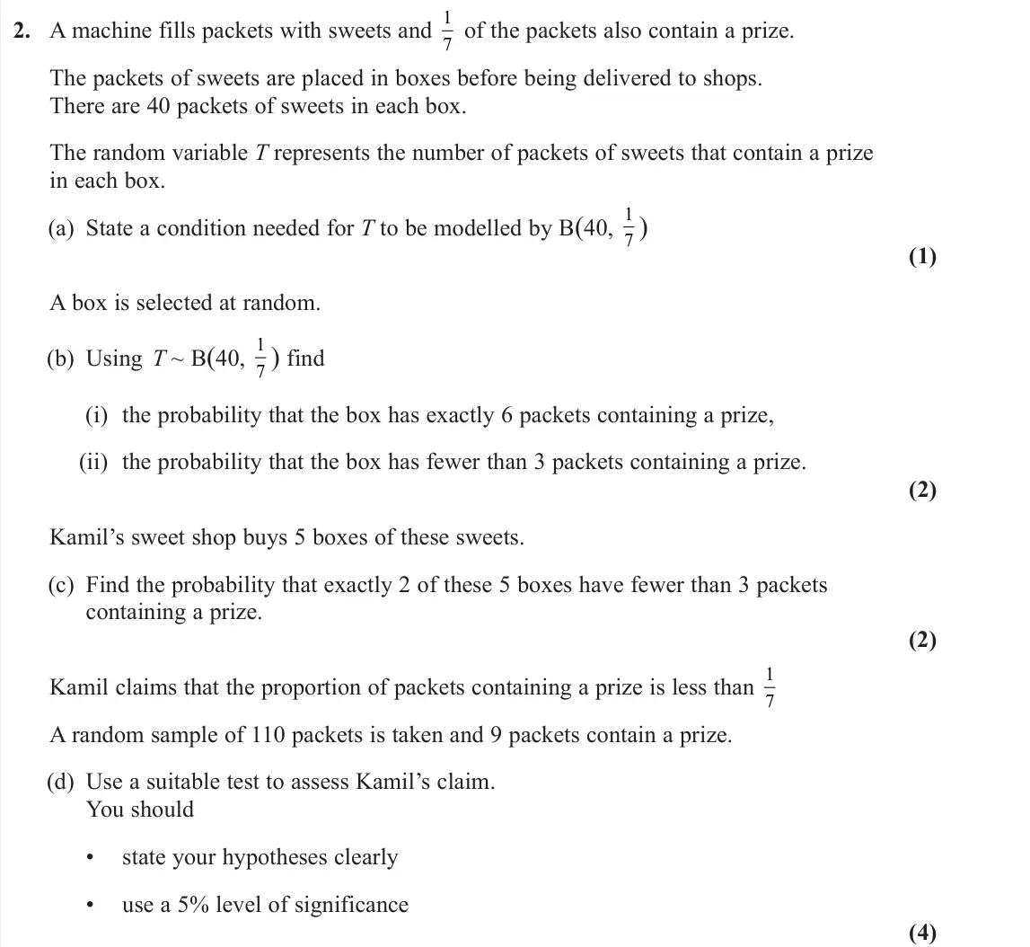 June 2023 Statistics, question 2: A machine fills packets with sweets and 1 7 of the packets also contain a prize. The packets of sweets are placed in boxes before being delivered to shops. Ther
