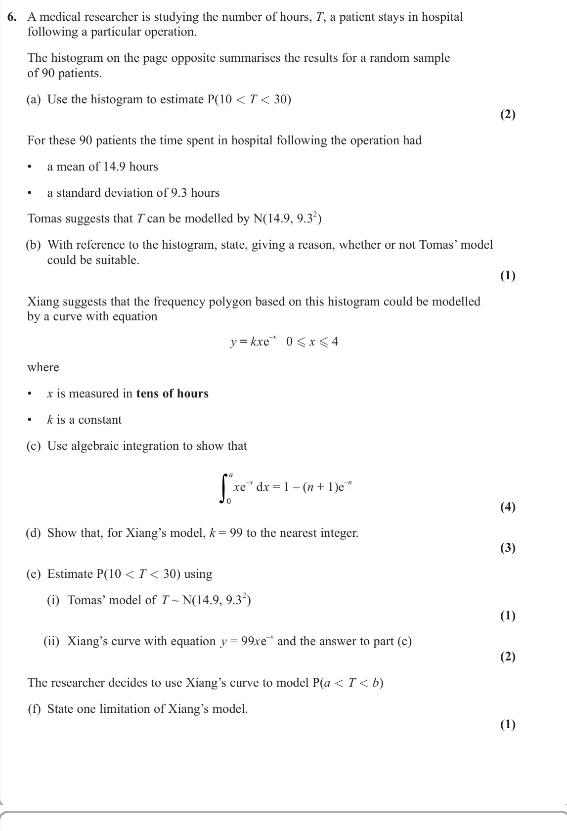 June 2023 Statistics, question 6: A medical researcher is studying the number of hours, T, a patient stays in hospital following a particular operation. The histogram on the page opposite summar
