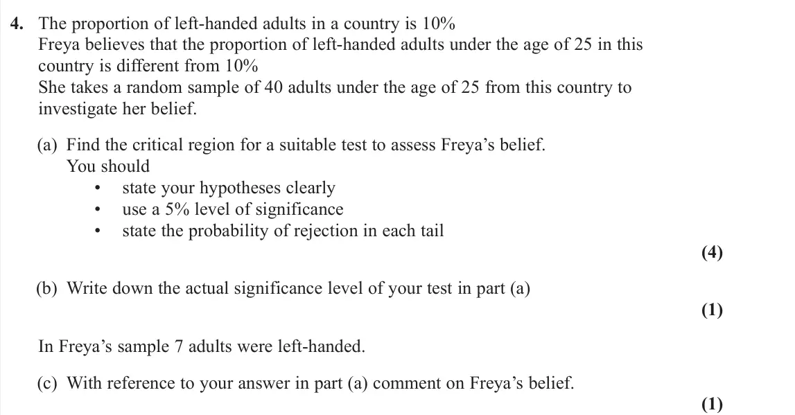 June 2024 Statistics, question 4: The proportion of left-handed adults in a country is 10% Freya believes that the proportion of left-handed adults under the age of 25 in this country is differe