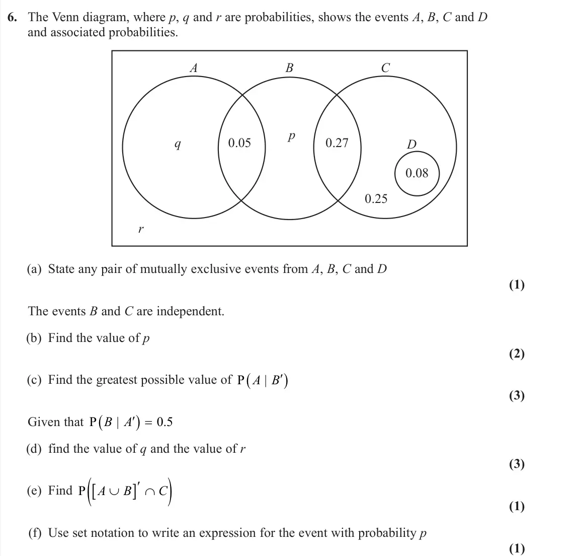 June 2024 Statistics, question 6: The Venn diagram, where p, q and r are probabilities, shows the events A, B, C and D and associated probabilities. A B C r 0.05 0.27 0.25 0.08 p D q (a) State a
