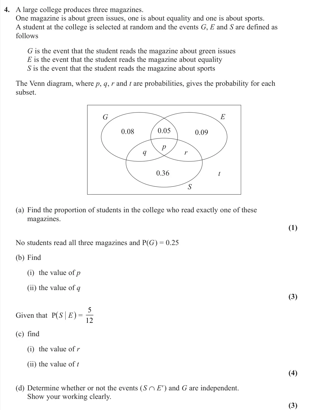 November 2021 Statistics, question 4: A large college produces three magazines. One magazine is about green issues, one is about equality and one is about sports. A student at the college is selecte