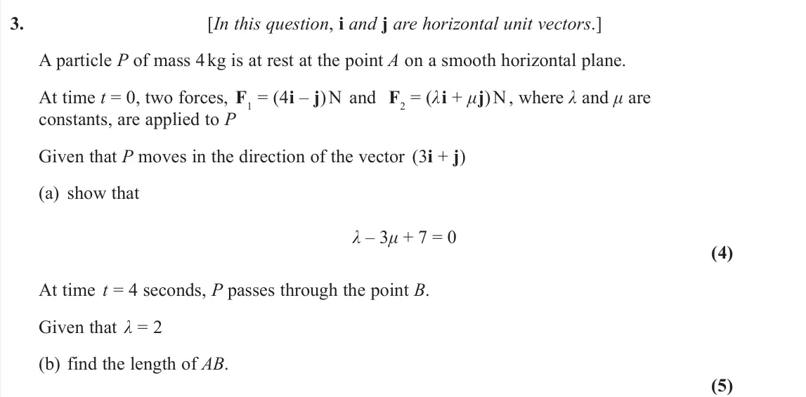 June 2022 Mechanics, question 3: [In this question, i and j are horizontal unit vectors.] A particle P of mass 4 kg is at rest at the point A on a smooth horizontal plane. At time t = 0, two fo