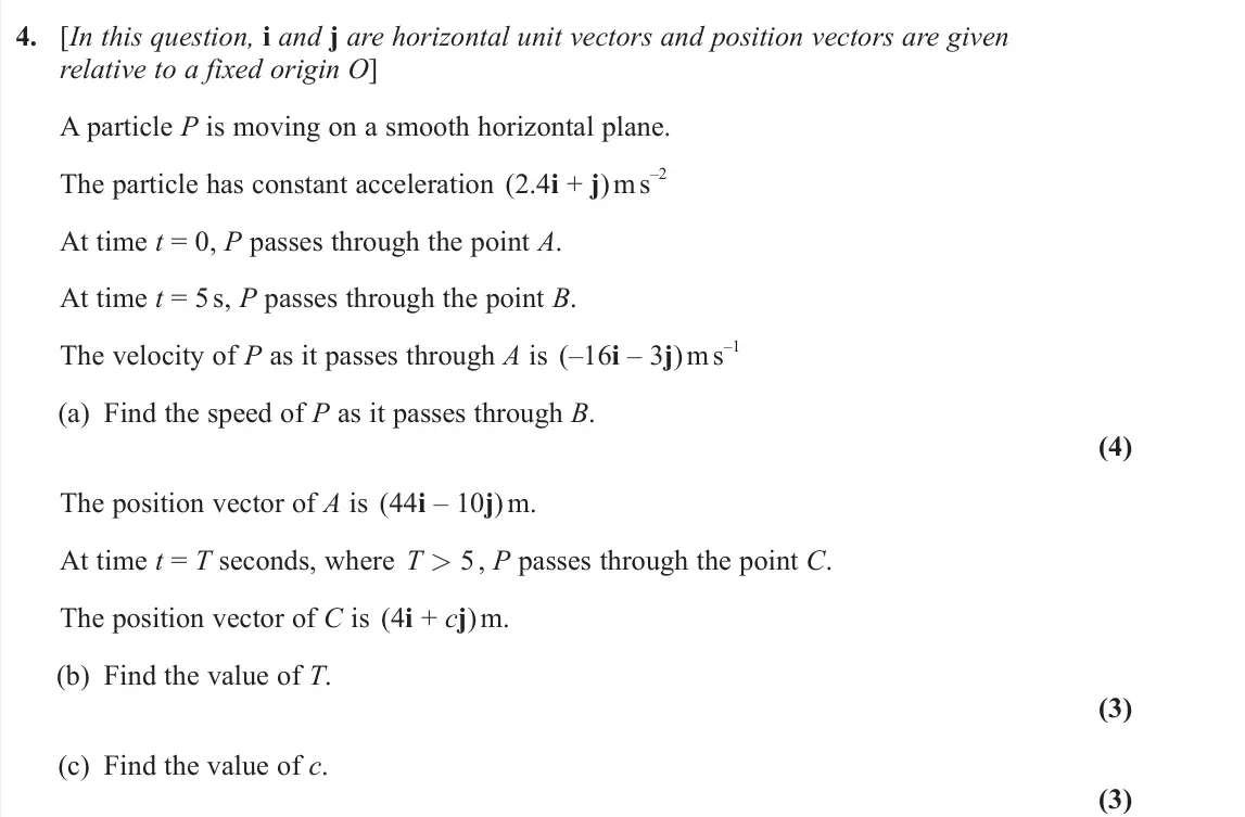 June 2023 Mechanics, question 4: [In this question, i and j are horizontal unit vectors and position vectors are given relative to a fixed origin O] A particle P is moving on a smooth horizonta