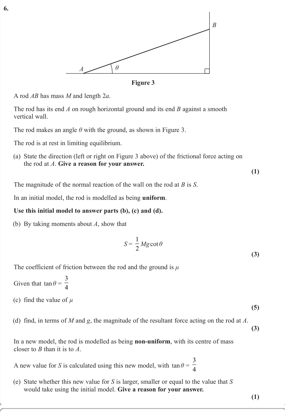June 2023 Mechanics, question 6: A B θ Figure 3 A rod AB has mass M and length 2a. The rod has its end A on rough horizontal ground and its end B against a smooth vertical wall. The rod makes a