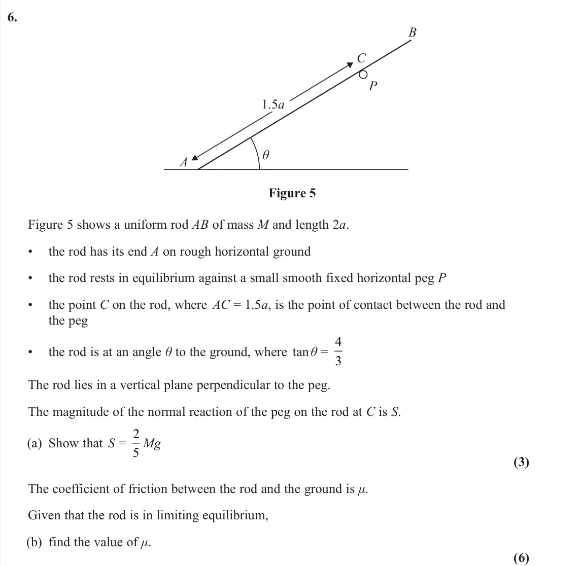 June 2024 Mechanics, question 6: A 1.5a P θ B C Figure 5 Figure 5 shows a uniform rod AB of mass M and length 2a. • the rod has its end A on rough horizontal ground • the rod rests in equilibri