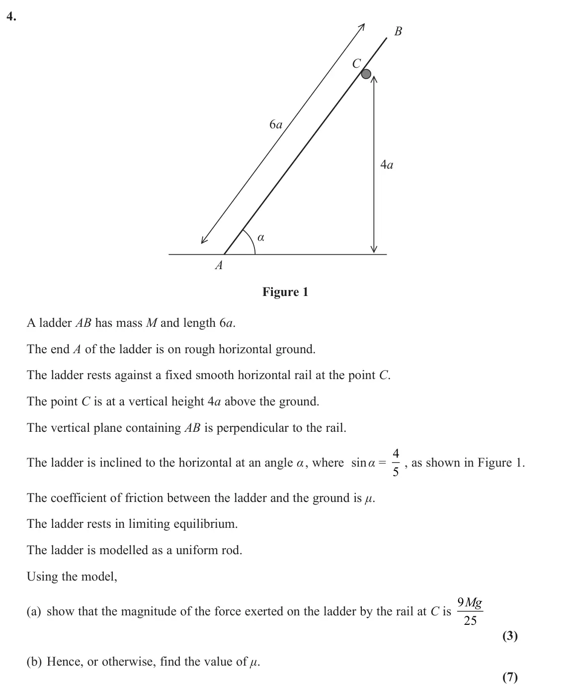 November 2020 Mechanics, question 4: A C α 6a 4a B Figure 1 A ladder AB has mass M and length 6a. The end A of the ladder is on rough horizontal ground. The ladder rests against a fixed smooth hori