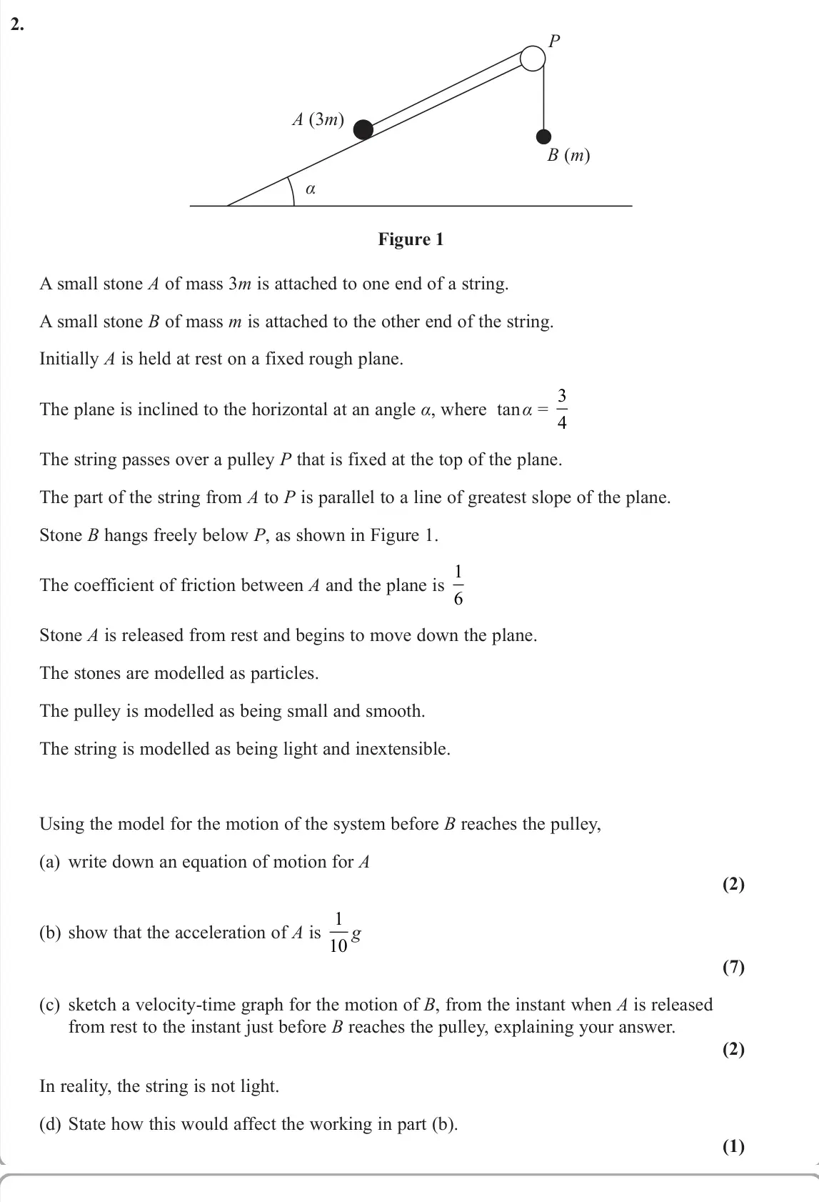 November 2021 Mechanics, question 2: A (3m) α P B (m) Figure 1 A small stone A of mass 3m is attached to one end of a string. A small stone B of mass m is attached to the other end of the string. I
