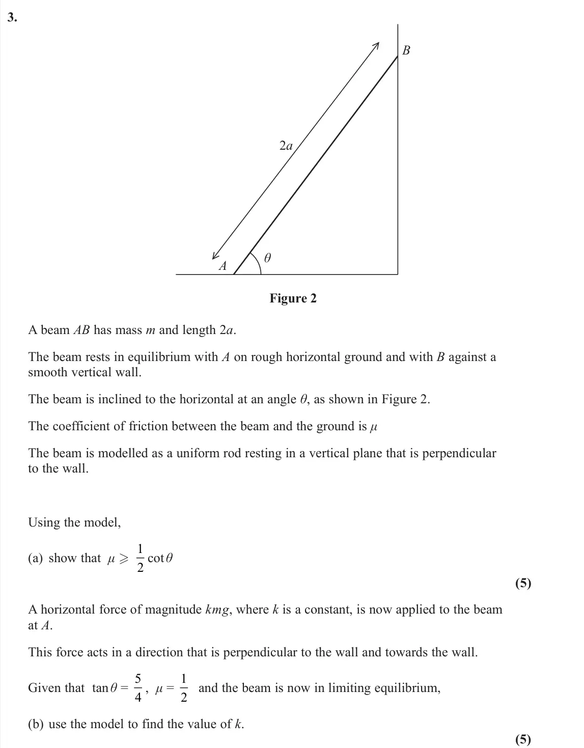 November 2021 Mechanics, question 3: B θ A 2a Figure 2 A beam AB has mass m and length 2a. The beam rests in equilibrium with A on rough horizontal ground and with B against a smooth vertical wall.
