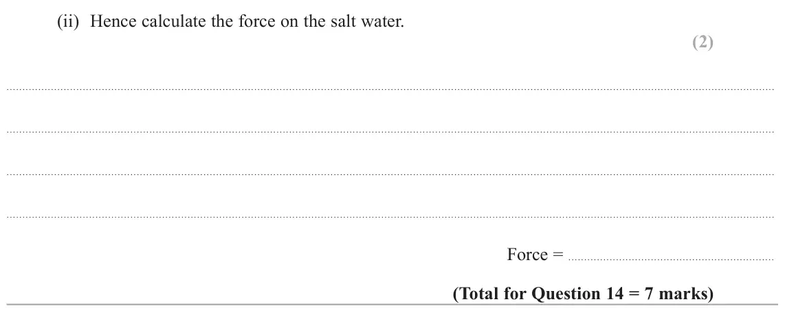 June 2017 Paper 1, question 14(b)(ii): Hence calculate the force on the salt water. (2) Force =