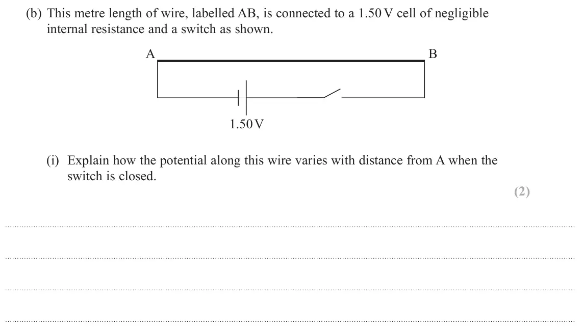 June 2018 Paper 1, question 11(b)(i): Explain how the potential along this wire varies with distance from A when the switch is closed. (2)