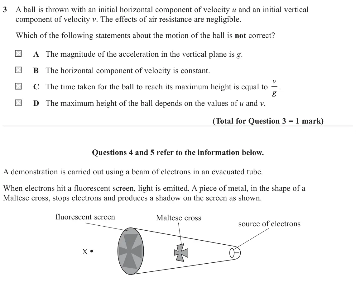 June 2022 Paper 1, question 3: A ball is thrown with an initial horizontal component of velocity u and an initial vertical component of velocity v. The effects of air resistance are negligibl