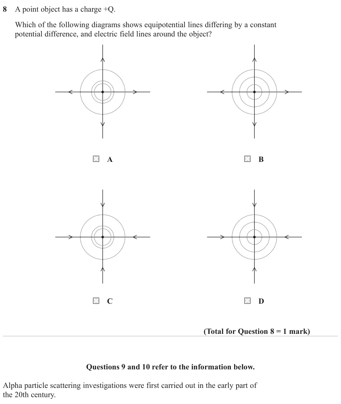 June 2022 Paper 1, question 8: A point object has a charge +Q. Which of the following diagrams shows equipotential lines differing by a constant potential difference, and electric field lines