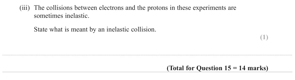 June 2022 Paper 1, question 15(c)(iii): The collisions between electrons and the protons in these experiments are sometimes inelastic. State what is meant by an inelastic collision. (1)