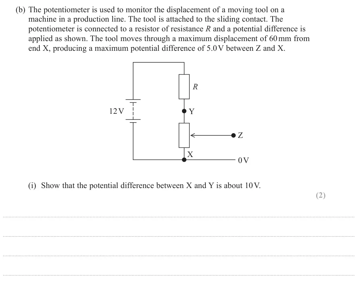 June 2022 Paper 1, question 18(b)(i): Show that the potential difference between X and Y is about 10 V. (2)