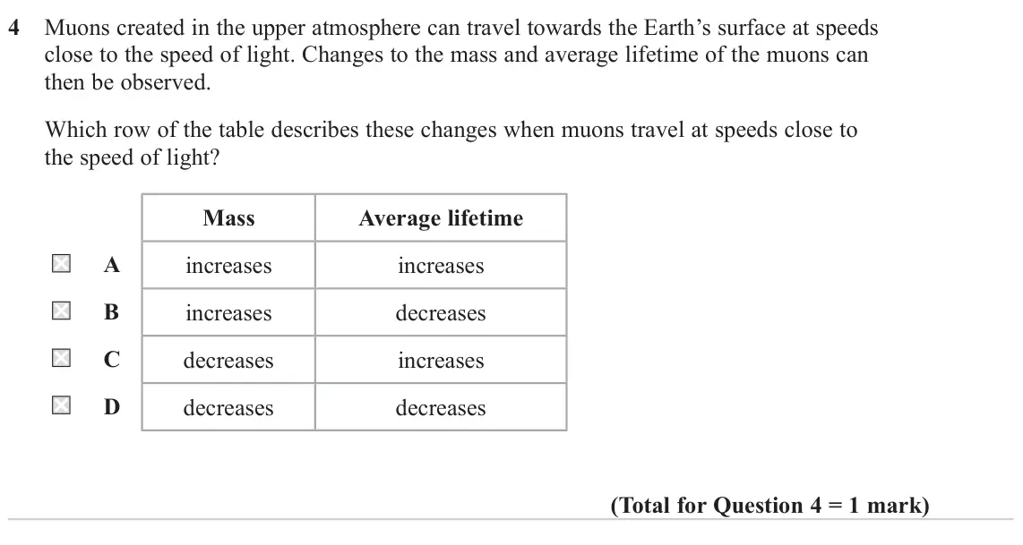 June 2023 Paper 1, question 4: Muons created in the upper atmosphere can travel towards the Earth’s surface at speeds close to the speed of light. Changes to the mass and average lifetime of