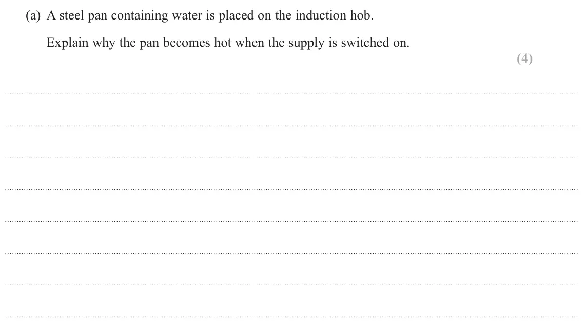 June 2023 Paper 1, question 11(a): A steel pan containing water is placed on the induction hob. Explain why the pan becomes hot when the supply is switched on. (4)