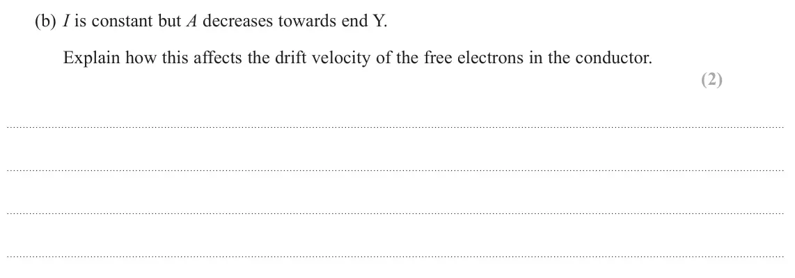 June 2023 Paper 1, question 12(b): I is constant but A decreases towards end Y. Explain how this affects the drift velocity of the free electrons in the conductor. (2)