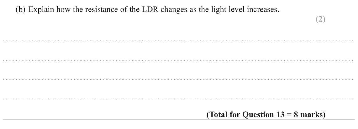 June 2023 Paper 1, question 13(b): Explain how the resistance of the LDR changes as the light level increases. (2)