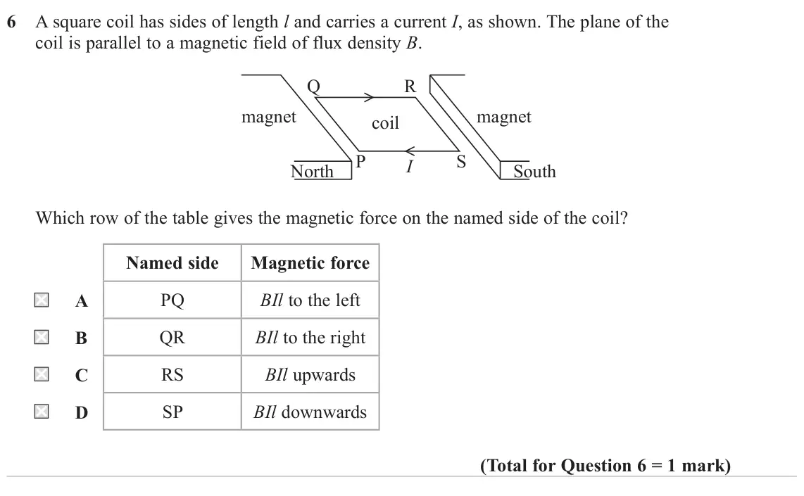 June 2024 Paper 1, question 6: A square coil has sides of length l and carries a current I, as shown. The plane of the coil is parallel to a magnetic field of flux density B. Q R magnet magne