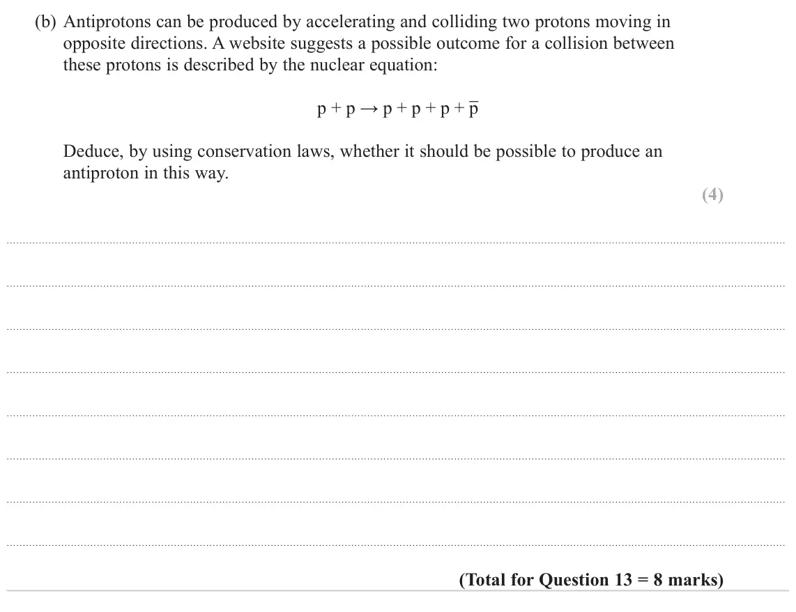June 2024 Paper 1, question 13(b): Antiprotons can be produced by accelerating and colliding two protons moving in opposite directions. A website suggests a possible outcome for a collision betwe