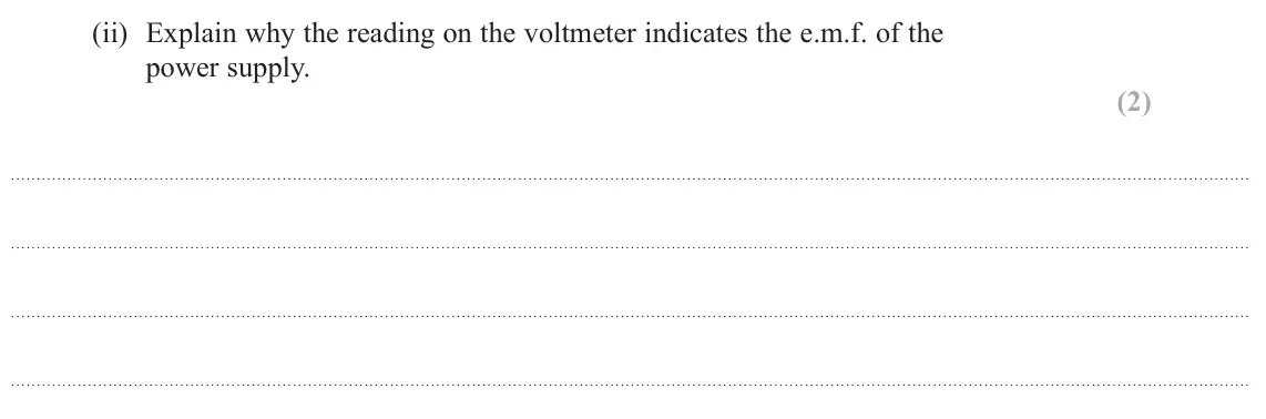 June 2024 Paper 1, question 15(a)(ii): Explain why the reading on the voltmeter indicates the e.m.f. of the power supply. (2)