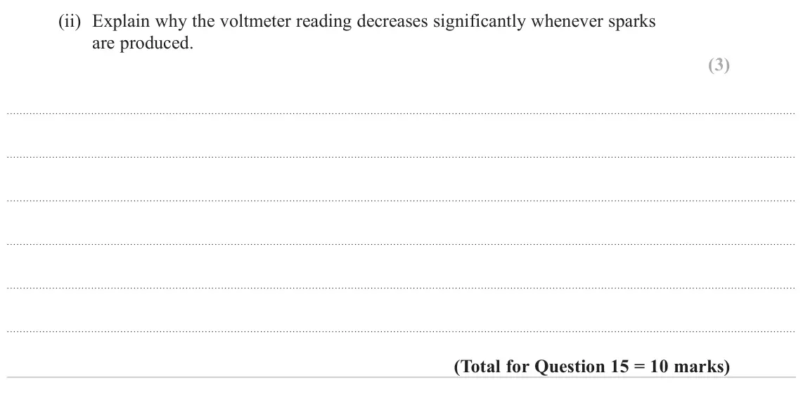 June 2024 Paper 1, question 15(b)(ii): Explain why the voltmeter reading decreases significantly whenever sparks are produced. (3)