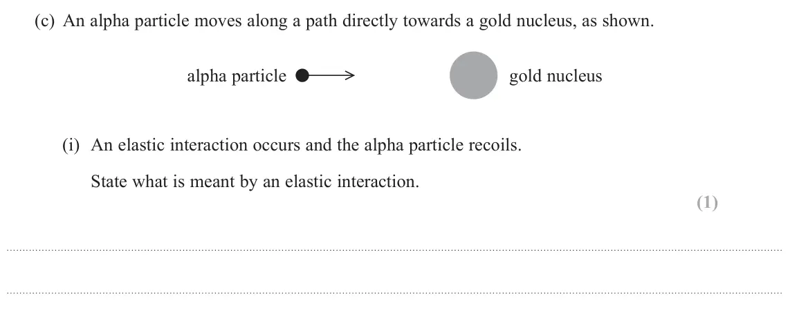 June 2024 Paper 1, question 17(c)(i): An elastic interaction occurs and the alpha particle recoils. State what is meant by an elastic interaction. (1)