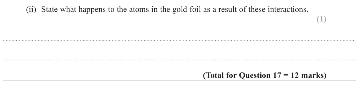 June 2024 Paper 1, question 17(c)(ii): State what happens to the atoms in the gold foil as a result of these interactions. (1)