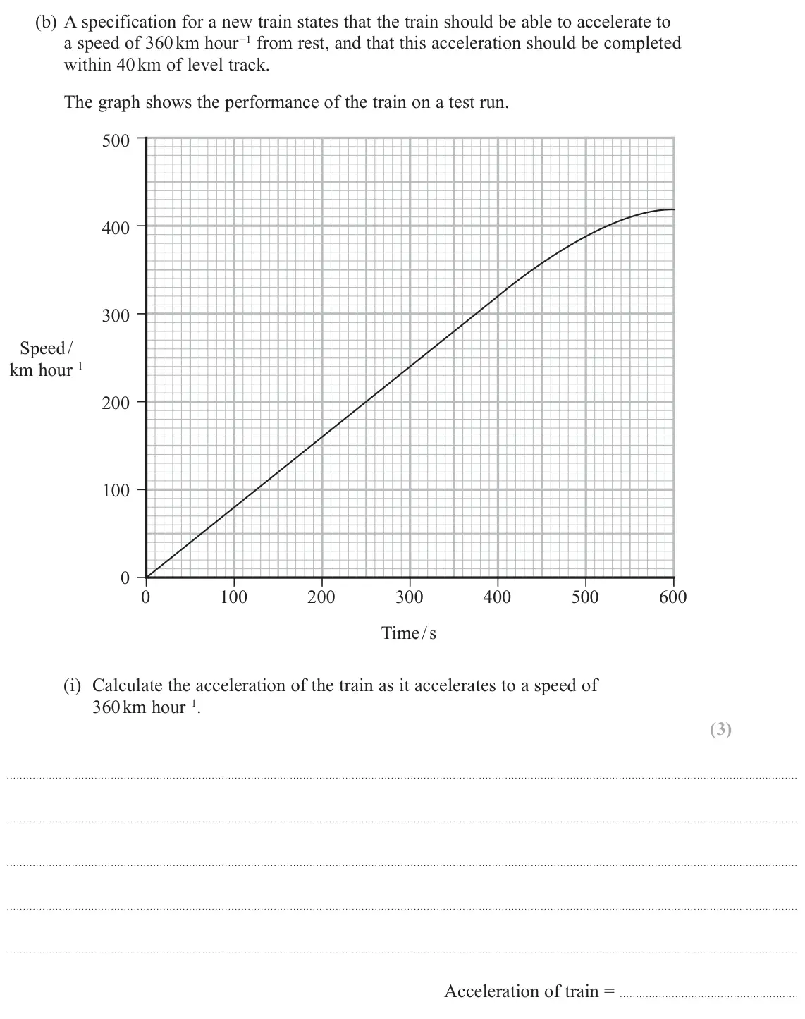 June 2024 Paper 1, question 18(b)(i): Calculate the acceleration of the train as it accelerates to a speed of 360 km hour–1. (3) Acceleration of train =