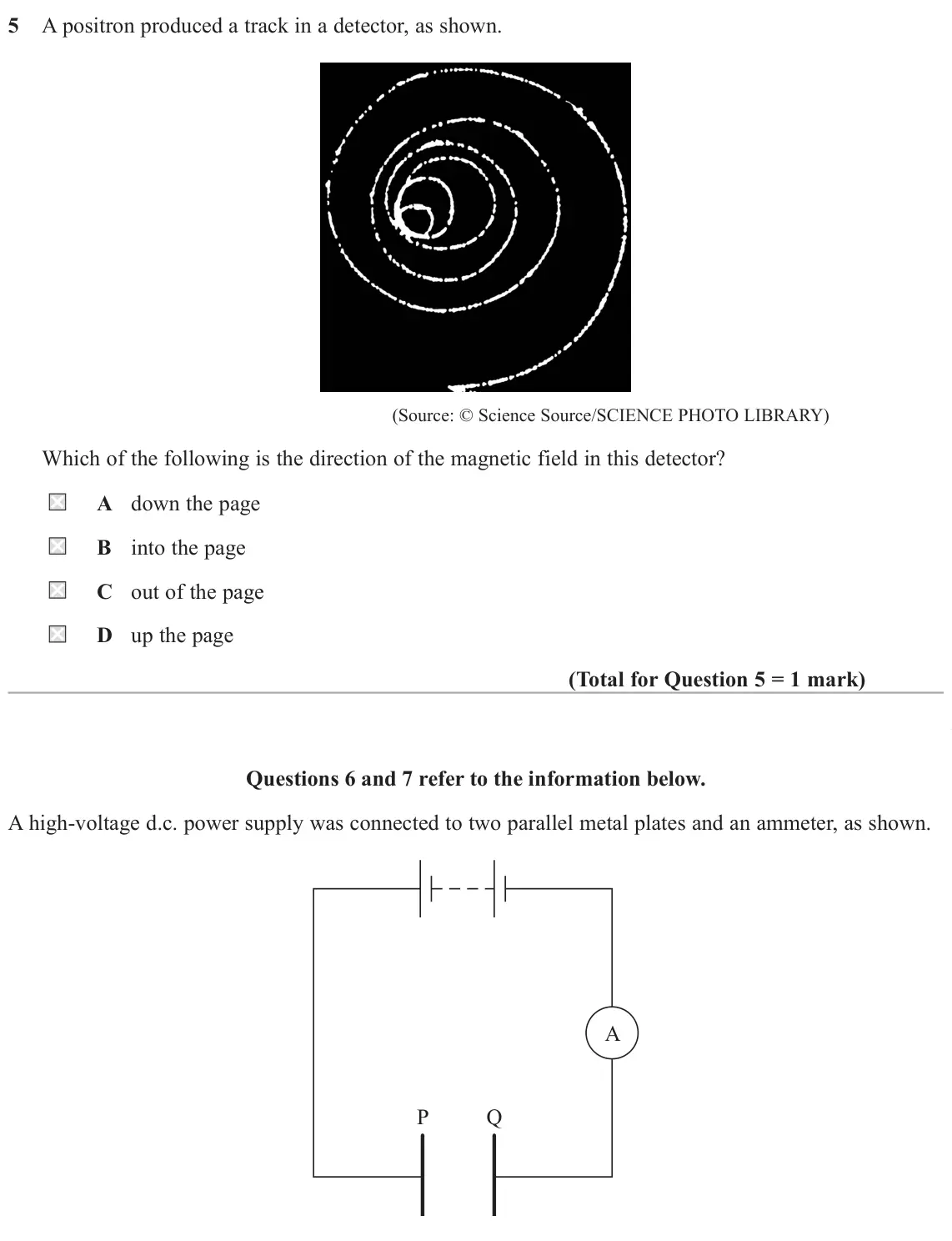 June 2025 Paper 1, question 5: A positron produced a track in a detector, as shown. (Source: © Science Source/SCIENCE PHOTO LIBRARY) Which of the following is the direction of the magnetic fi