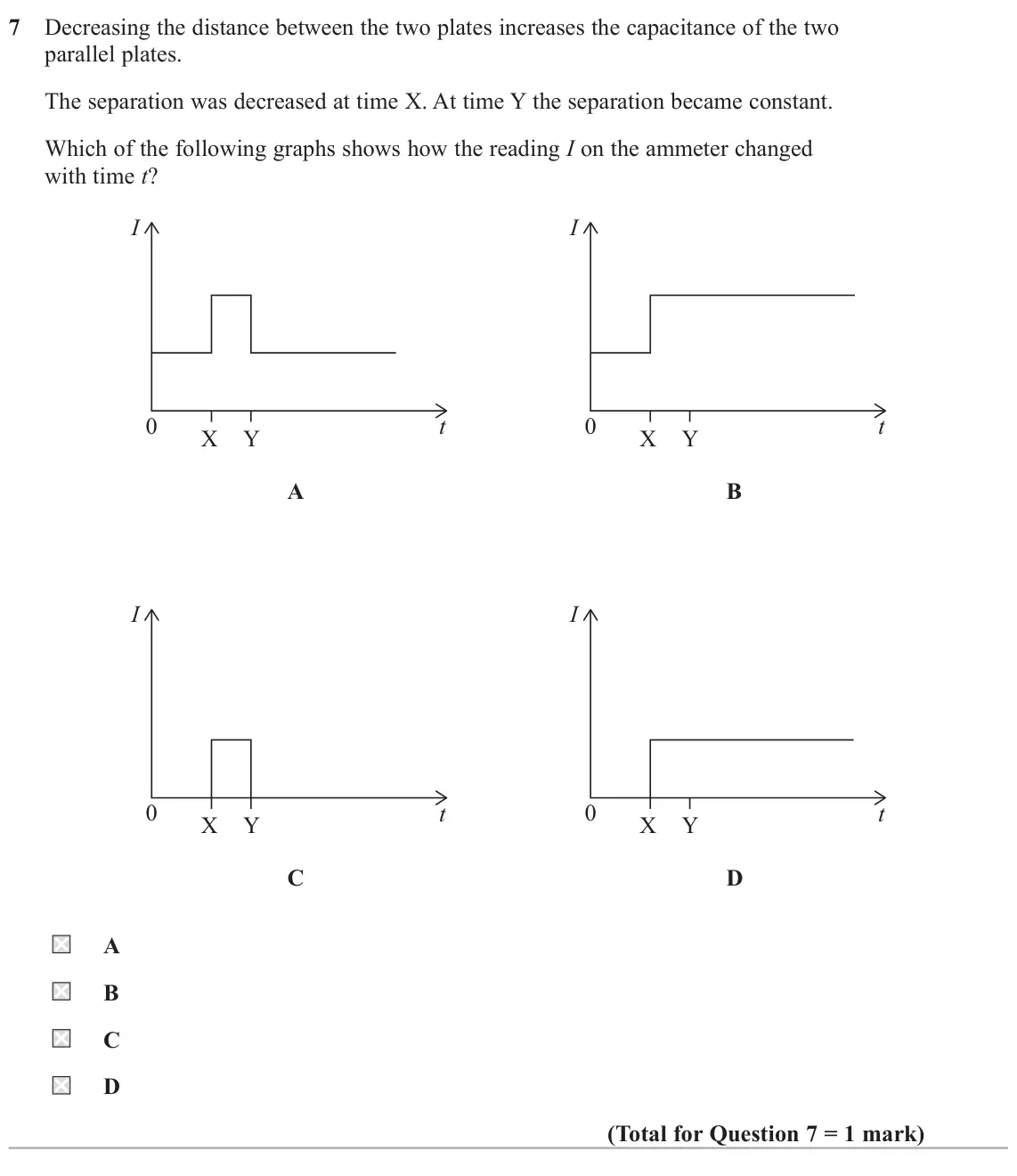 June 2025 Paper 1, question 7: Decreasing the distance between the two plates increases the capacitance of the two parallel plates. The separation was decreased at time X. At time Y the separ