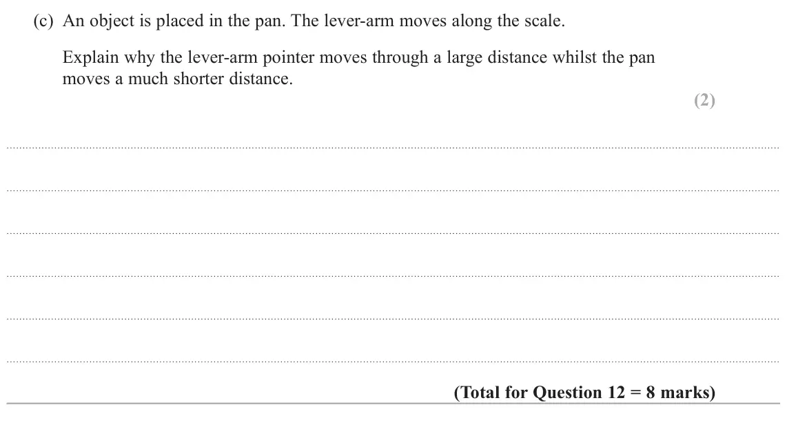 June 2025 Paper 1, question 12(c): An object is placed in the pan. The lever-arm moves along the scale. Explain why the lever-arm pointer moves through a large distance whilst the pan moves a muc