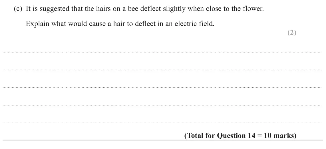 June 2025 Paper 1, question 14(c): It is suggested that the hairs on a bee deflect slightly when close to the flower. Explain what would cause a hair to deflect in an electric field. (2)