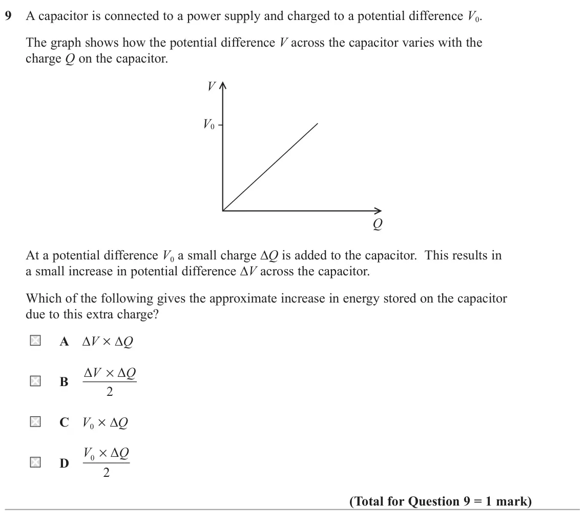November 2021 Paper 1, question 9: A capacitor is connected to a power supply and charged to a potential difference V0. The graph shows how the potential difference V across the capacitor varies