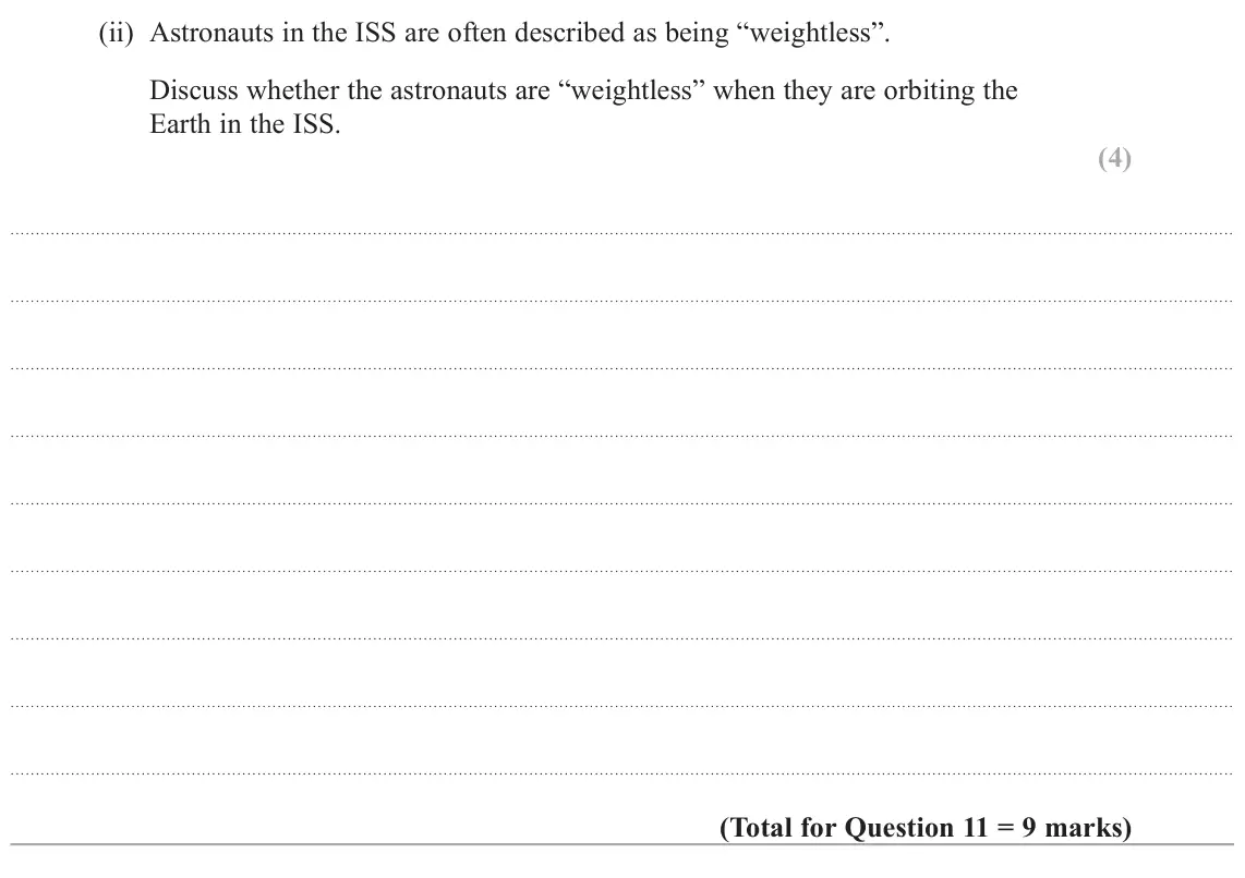 November 2021 Paper 1, question 11(b)(ii): Astronauts in the ISS are often described as being “weightless”. Discuss whether the astronauts are “weightless” when they are orbiting the Earth in the ISS. (4
