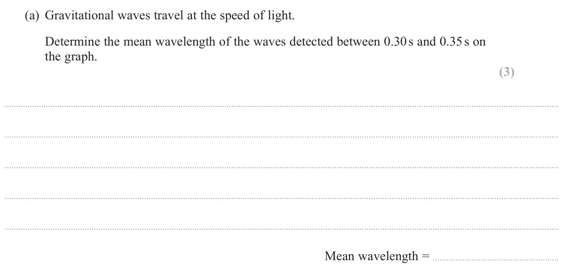 June 2017 Paper 2, question 20(a): Gravitational waves travel at the speed of light. Determine the mean wavelength of the waves detected between 0.30 s and 0.35 s on the graph. (3) Mean wavelengt