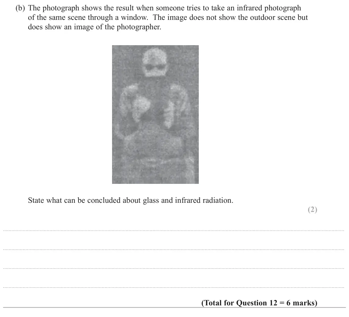 June 2018 Paper 2, question 12(b): The photograph shows the result when someone tries to take an infrared photograph of the same scene through a window. The image does not show the outdoor scene